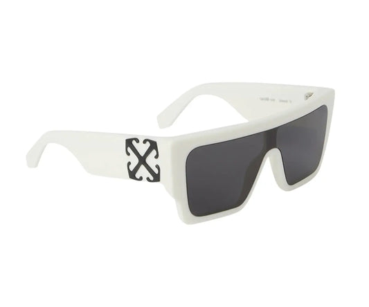 White sunglasses with a black logo on a white background