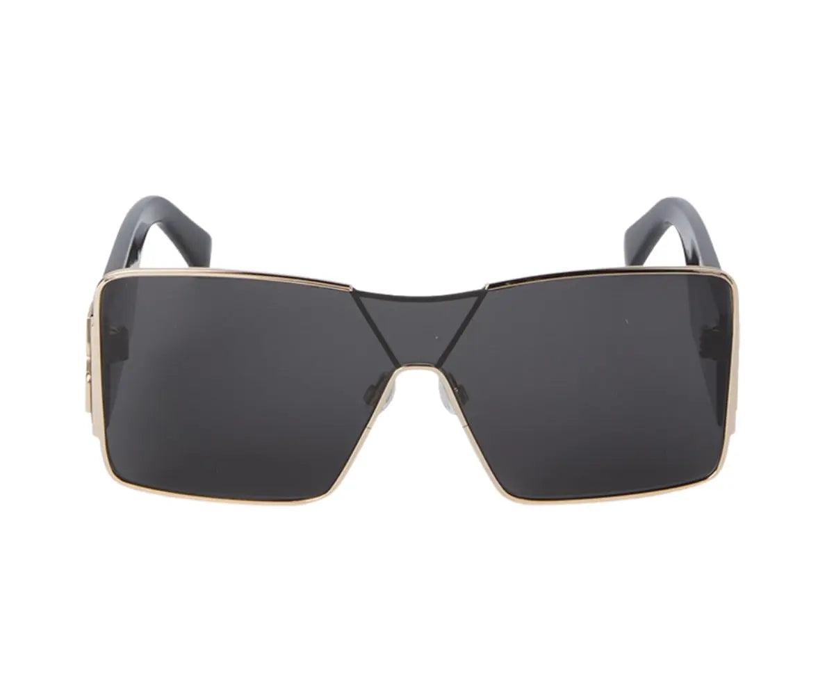 Sunglasses with gold frame and black lenses on a white background