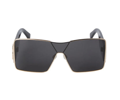Sunglasses with gold frame and black lenses on a white background