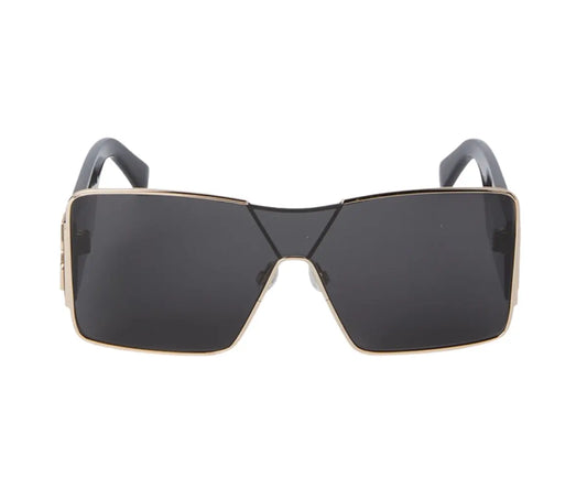 Sunglasses with gold frame and black lenses on a white background