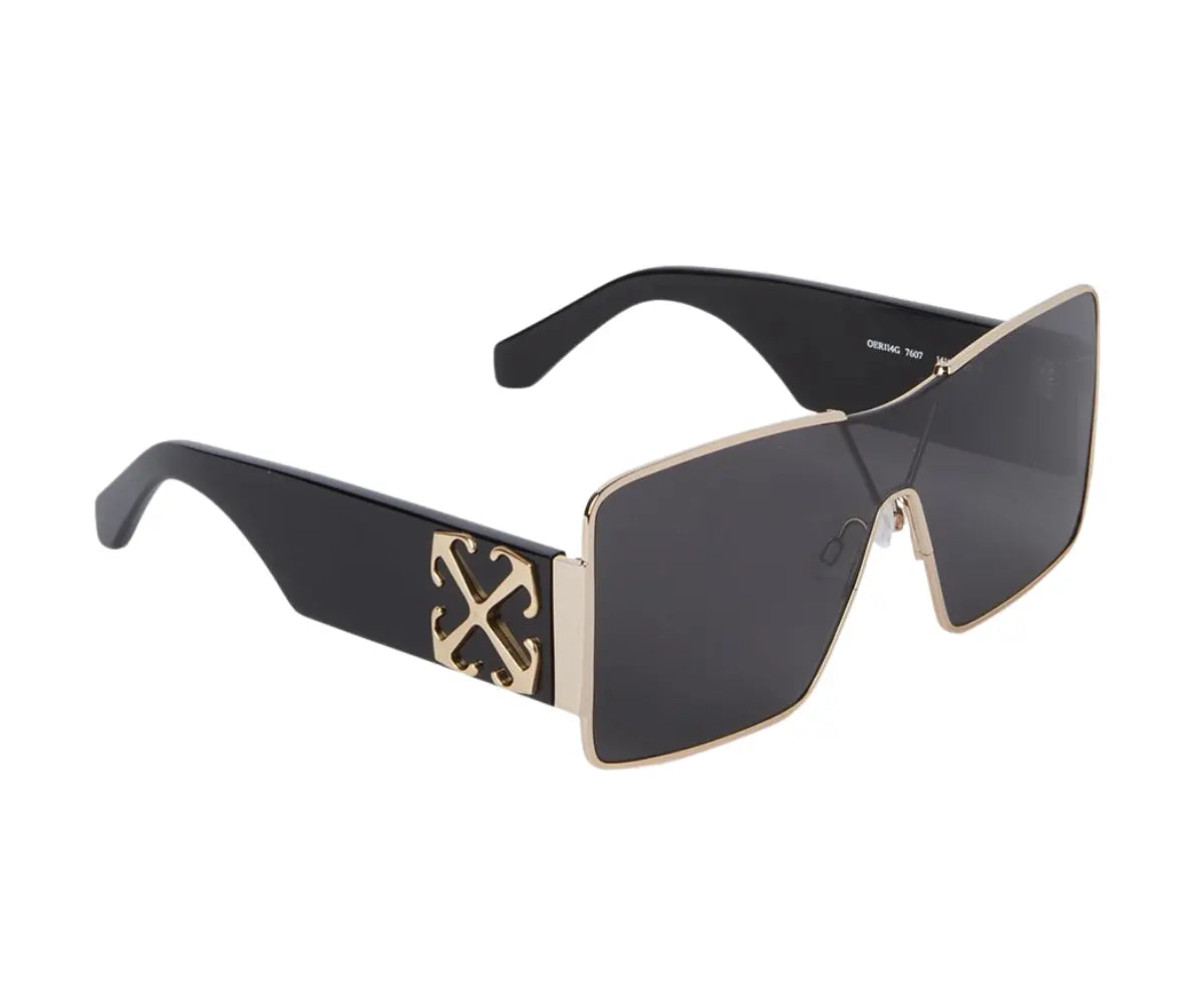Sunglasses with black frame and gold accents on a white background