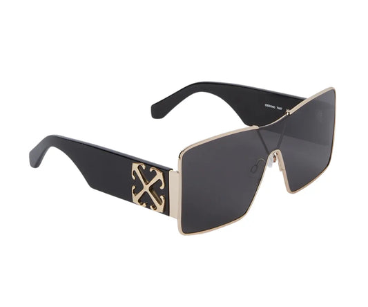 Sunglasses with black frame and gold accents on a white background