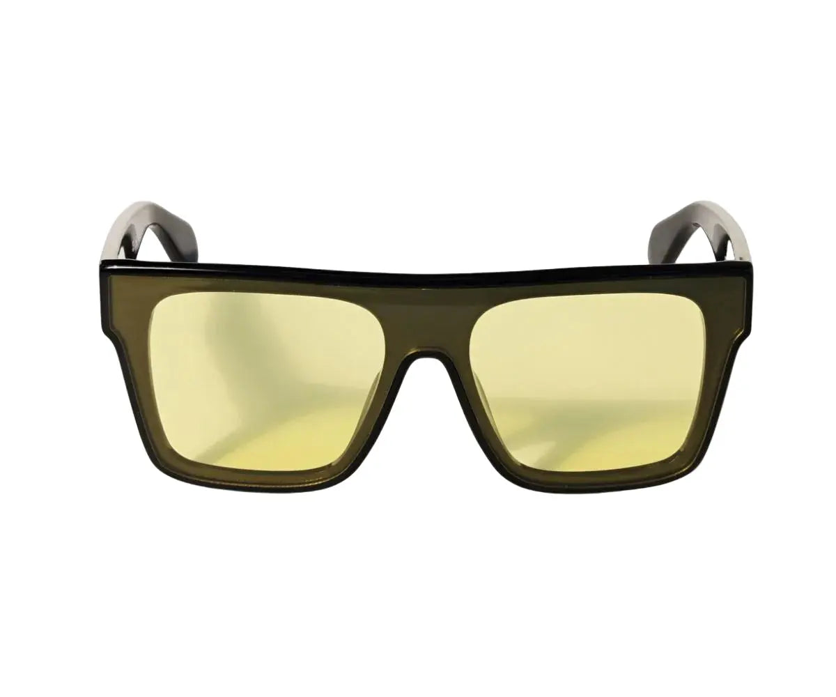 Sunglasses with yellow lenses and black frames on a white background