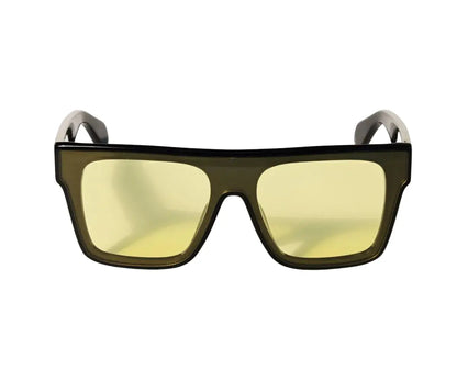 Sunglasses with yellow lenses and black frames on a white background