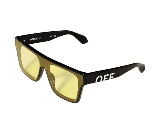 Black sunglasses with yellow lenses on a white background