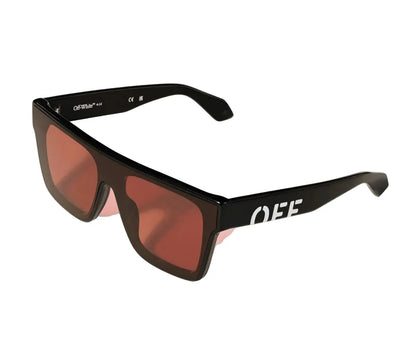 Black sunglasses with red lenses on a white background