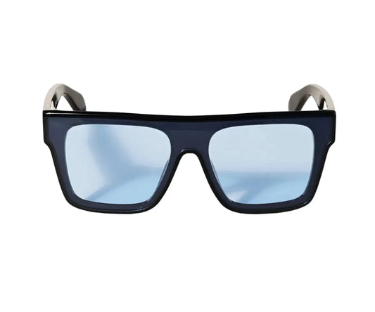 Black sunglasses with light blue lenses on a white background