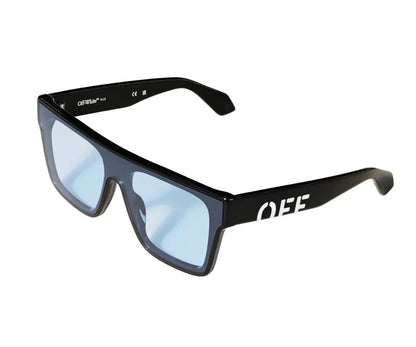 Black sunglasses with blue lenses on a white background