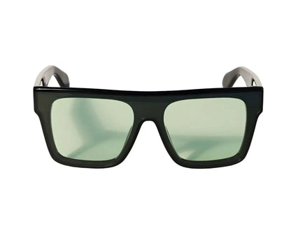 Black sunglasses with green lenses on a white background
