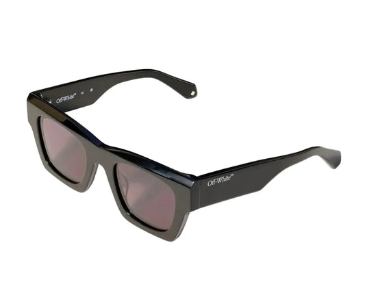 Black sunglasses with a brand logo on a white background