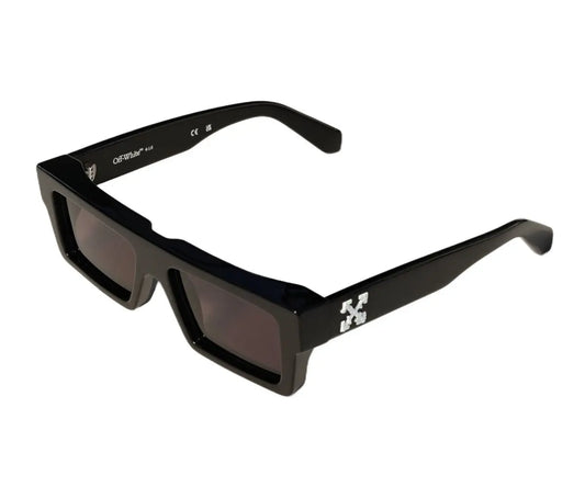 Black sunglasses with a white logo on a white background