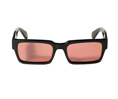 Black sunglasses with pink lenses on a white background