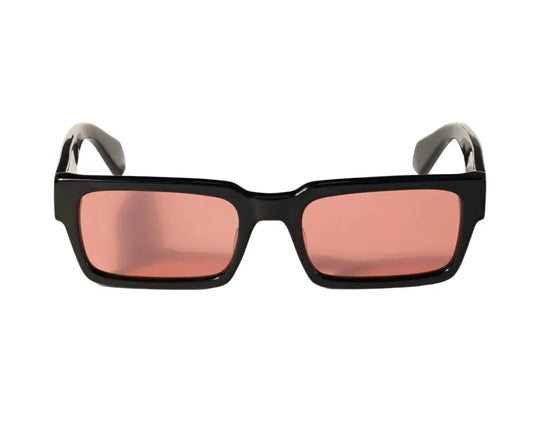 Black sunglasses with pink lenses on a white background