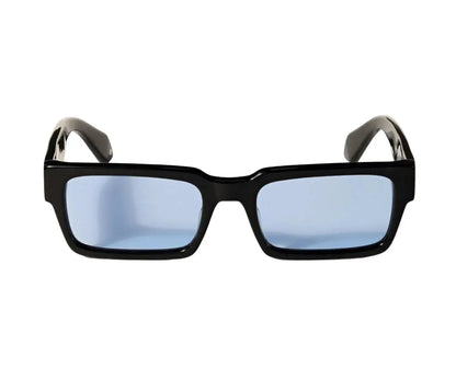 Black sunglasses with blue lenses on a white background
