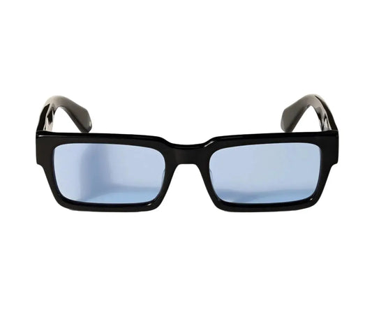 Black sunglasses with blue lenses on a white background