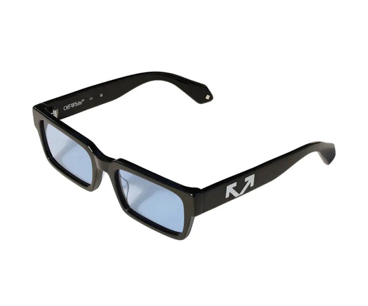 Black sunglasses with blue lenses on a white background