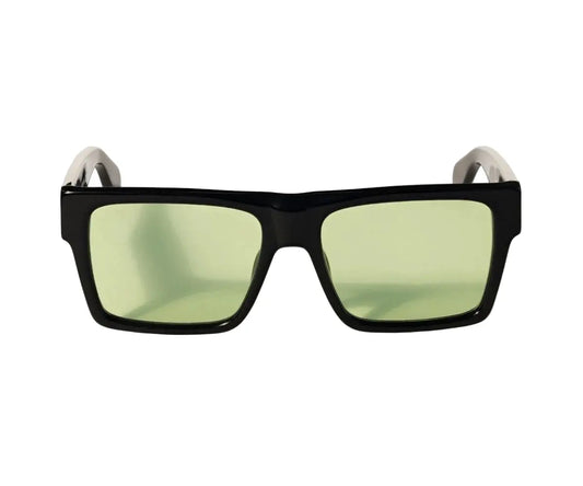 Sunglasses with black frame and green lenses on a white background