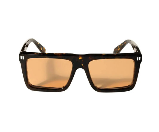 Sunglasses with tortoiseshell frame and brown lenses on a white background