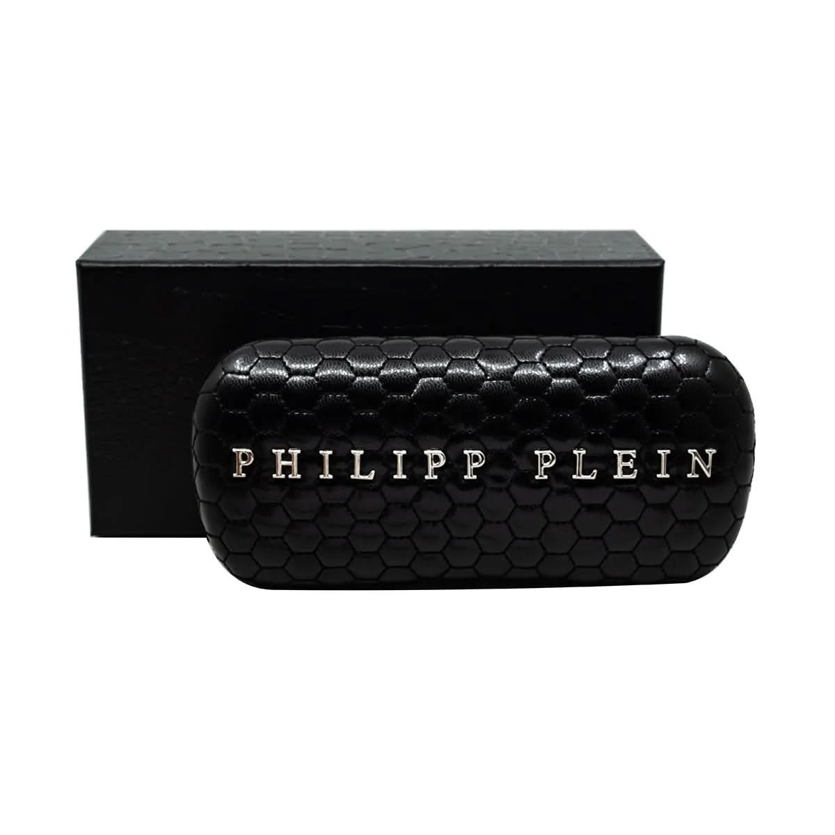 Black textured sunglasses case with 'Philipp Plein' branding on a white background