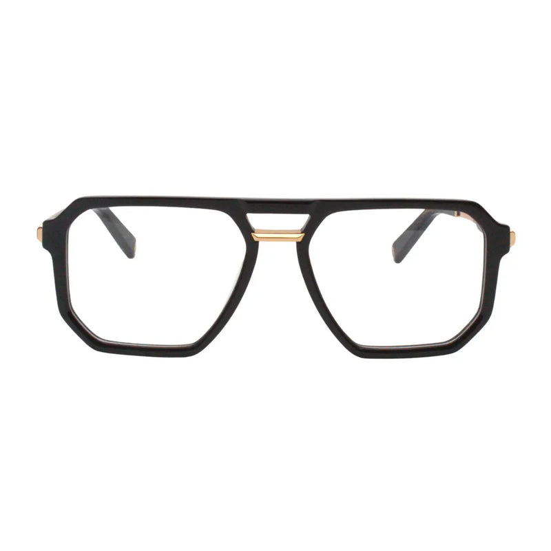 Black eyeglasses with gold accents on a white background
