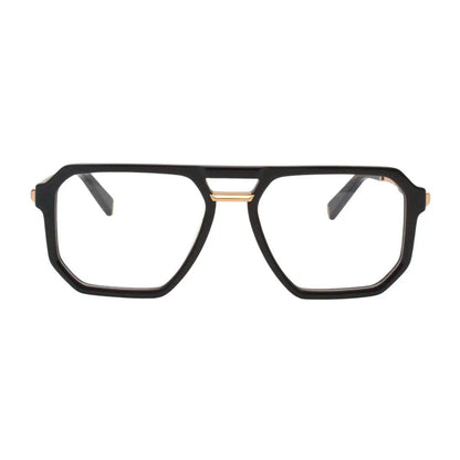 Black eyeglasses with gold accents on a white background