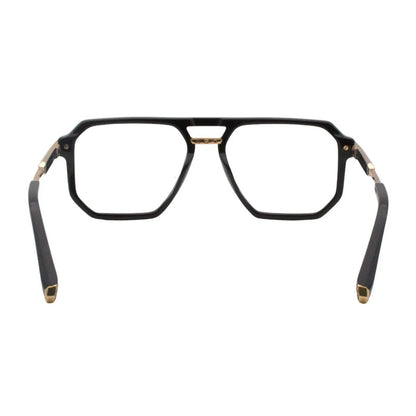 Black eyeglasses with gold accents on a white background