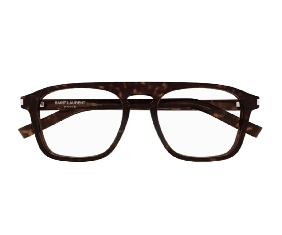 Brown eyeglasses with 'Saint Laurent' branding on a white background