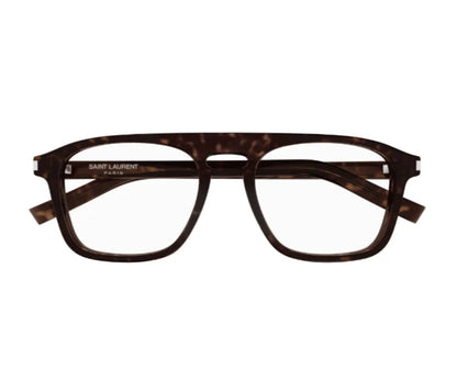 Brown eyeglasses with 'Saint Laurent' branding on a white background