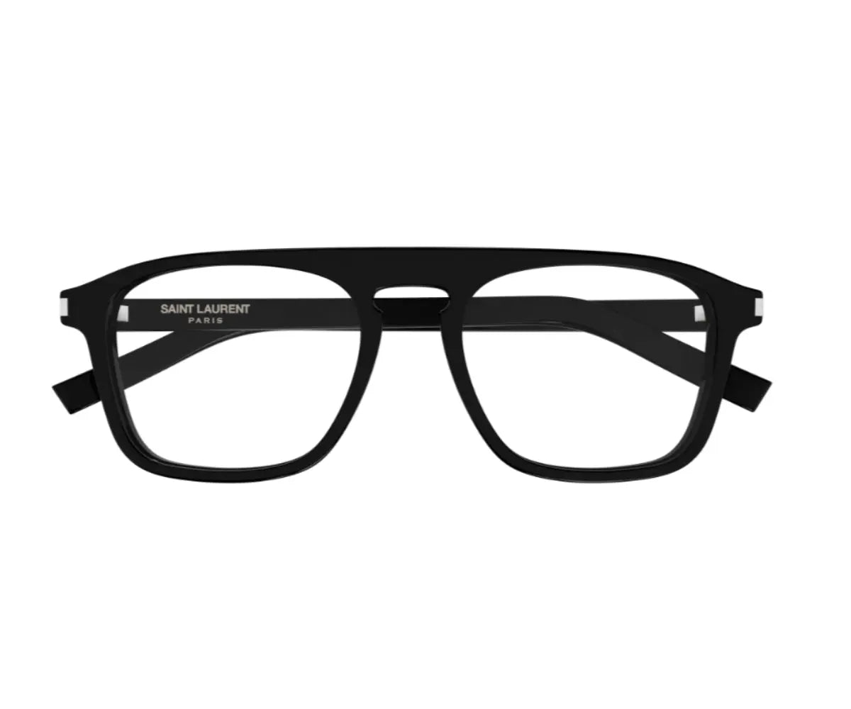 Black eyeglasses with 'Saint Laurent' branding on a white background