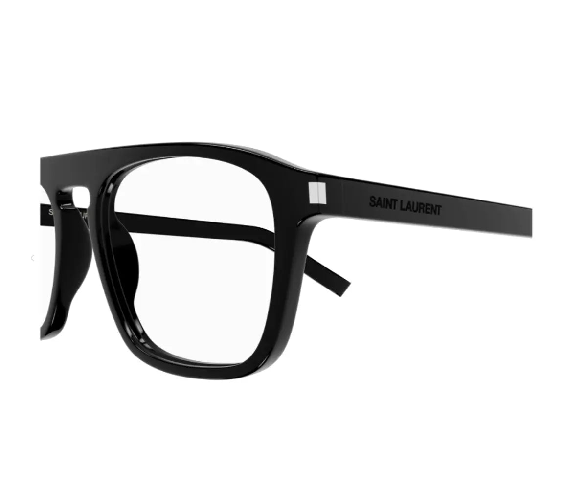 Black eyeglasses with 'Saint Laurent' branding on a white background