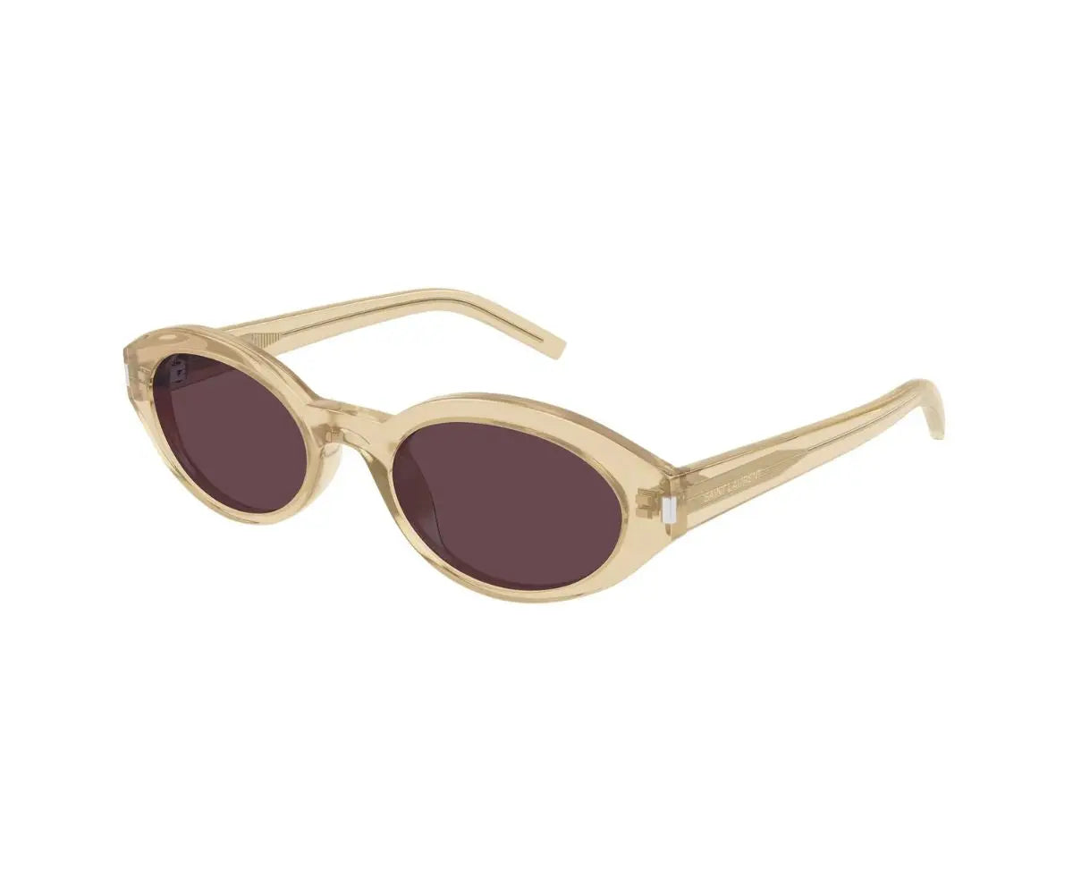 Beige sunglasses with dark lenses on a white background