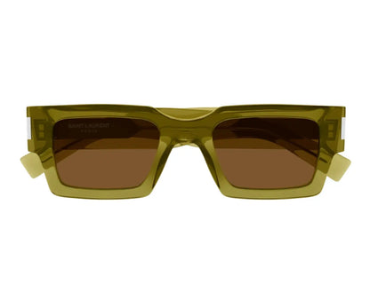 Sunglasses with green frame and brown lenses on a white background
