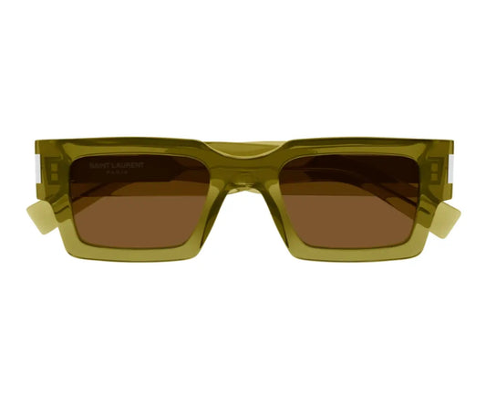 Sunglasses with green frame and brown lenses on a white background