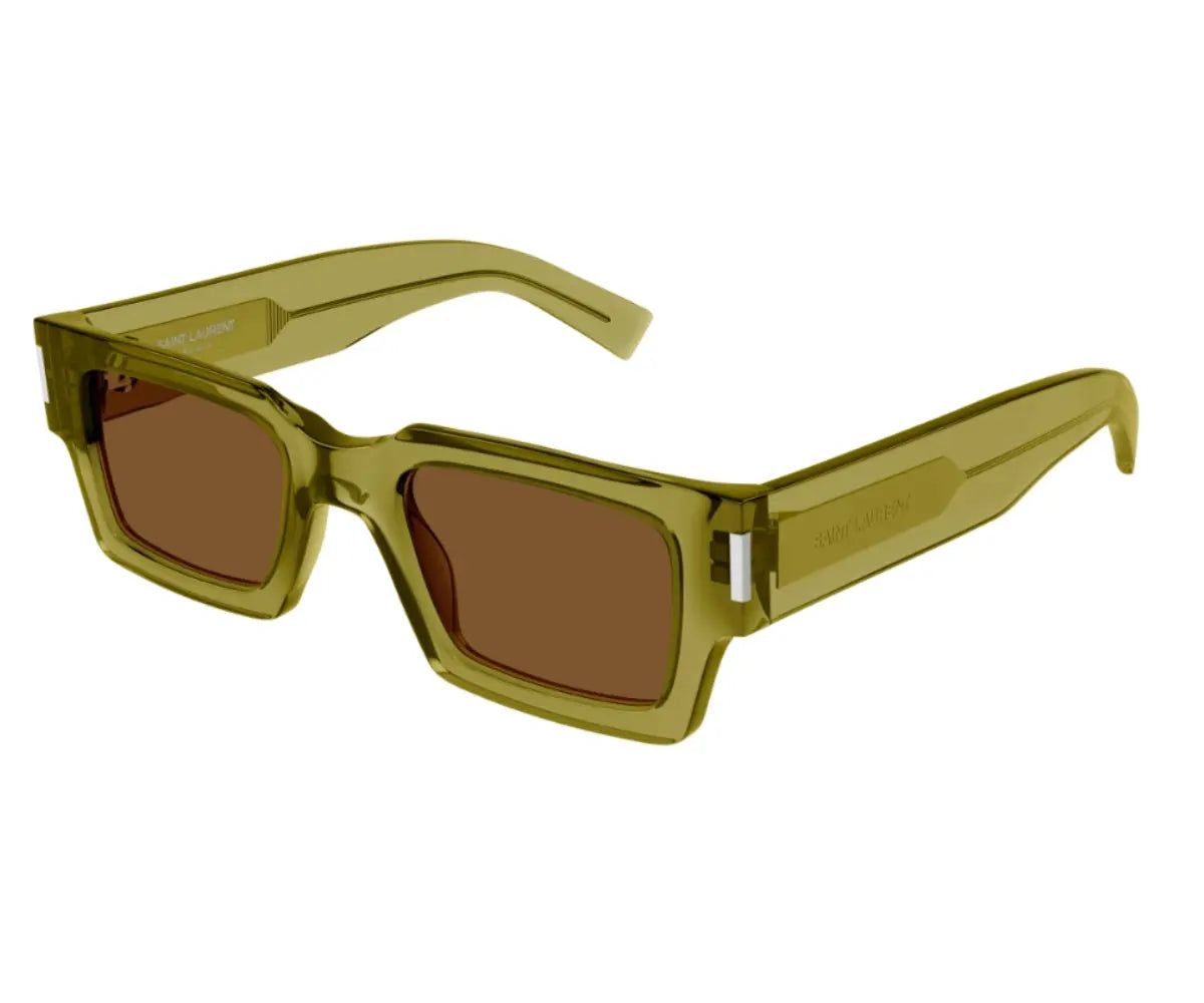 Green sunglasses with brown lenses on a white background