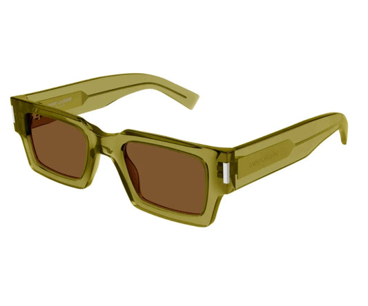 Green sunglasses with brown lenses on a white background