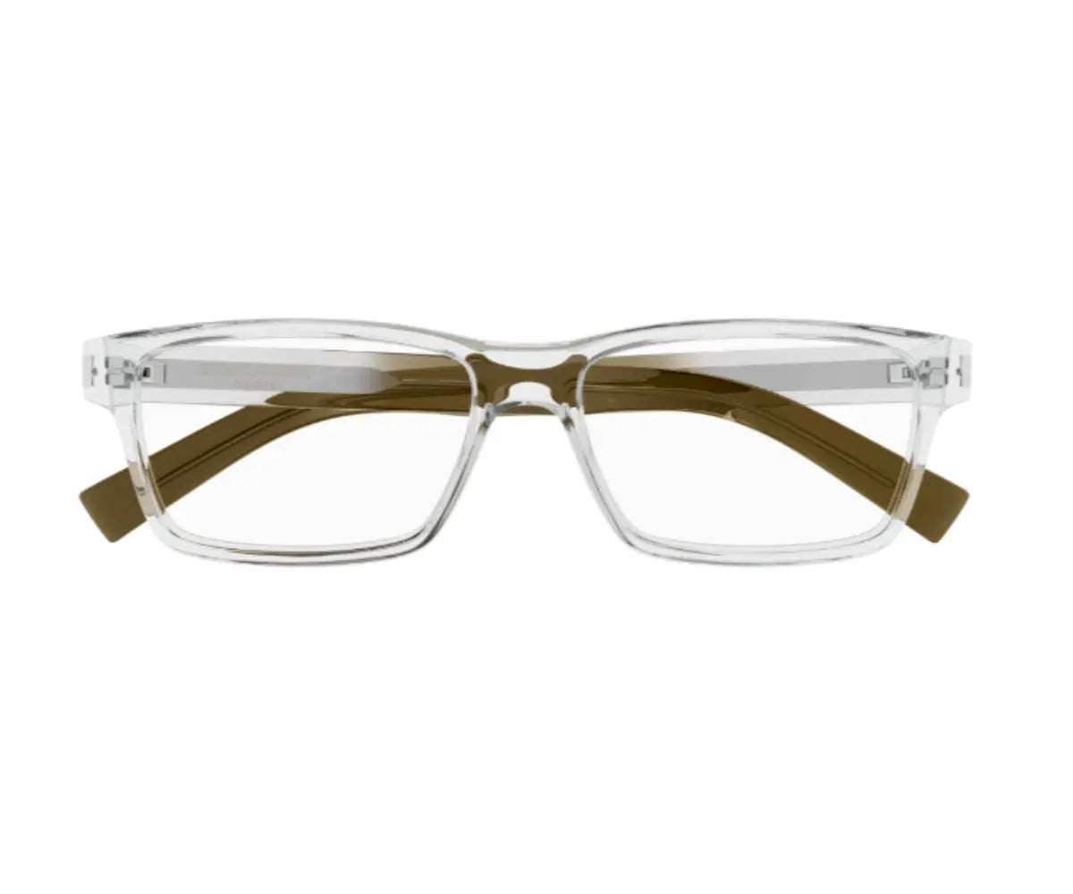 Clear eyeglasses with brown temple tips on a white background