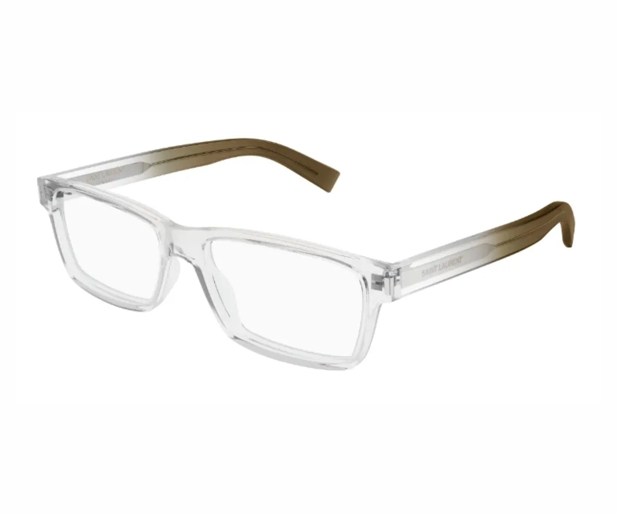 Clear eyeglasses with brown temple tips on a white background