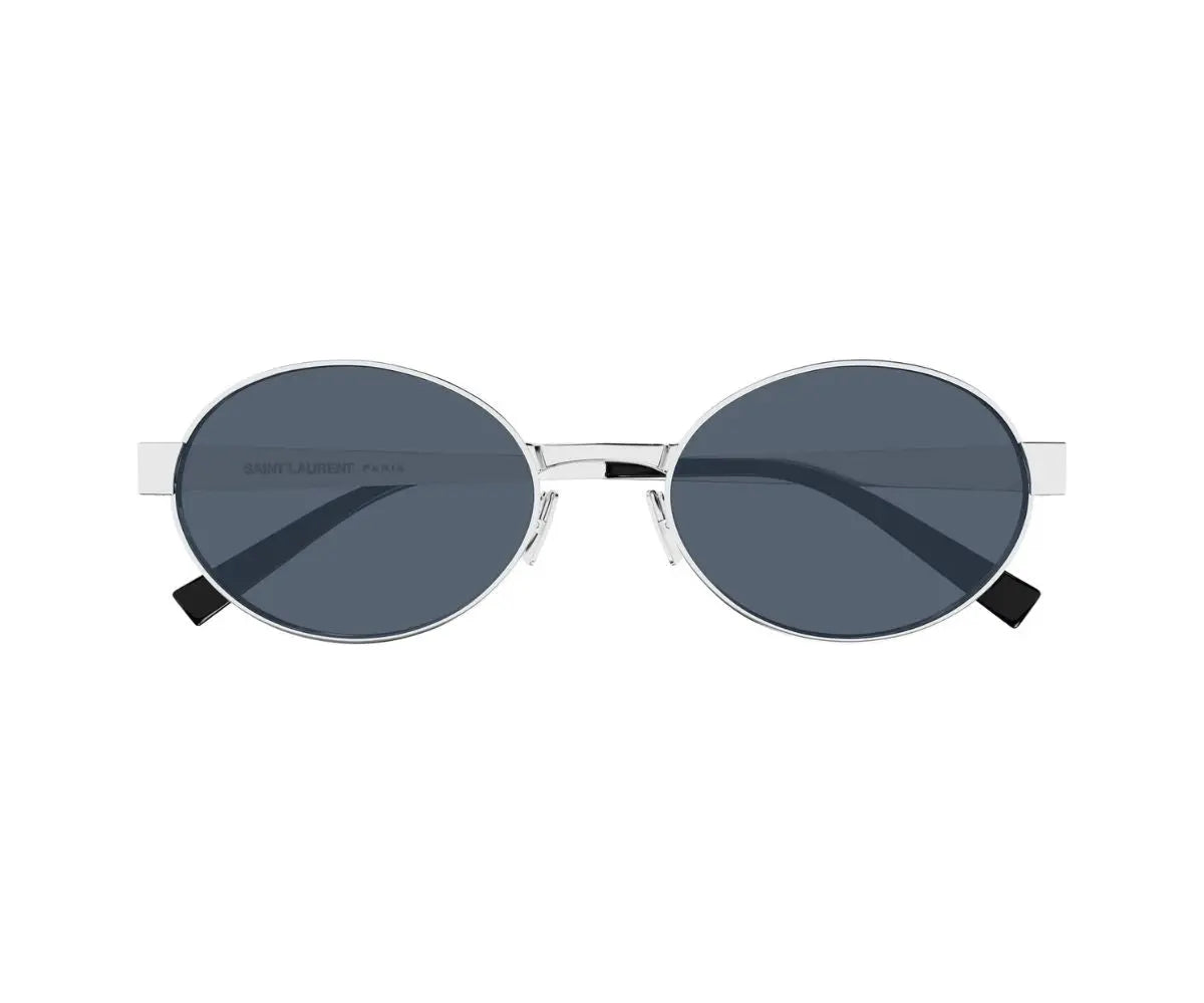 Round sunglasses with dark lenses and thin metal frame on a white background