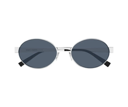 Round sunglasses with dark lenses and thin metal frame on a white background