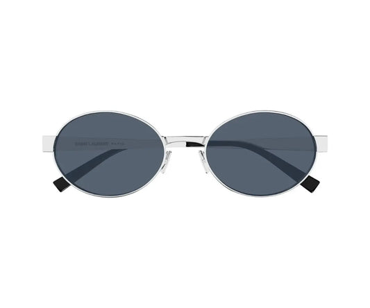 Round sunglasses with dark lenses and thin metal frame on a white background