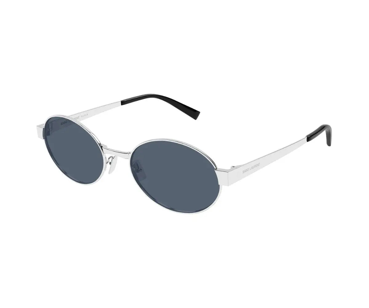 Sunglasses with oval lenses and thin frame on a white background