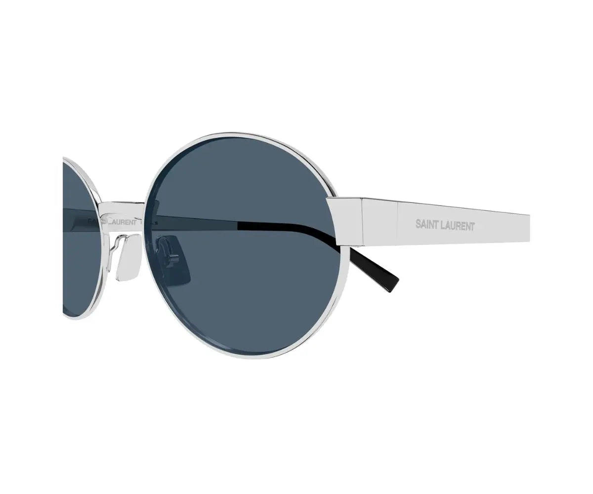 Round sunglasses with silver frame and dark lenses on a white background
