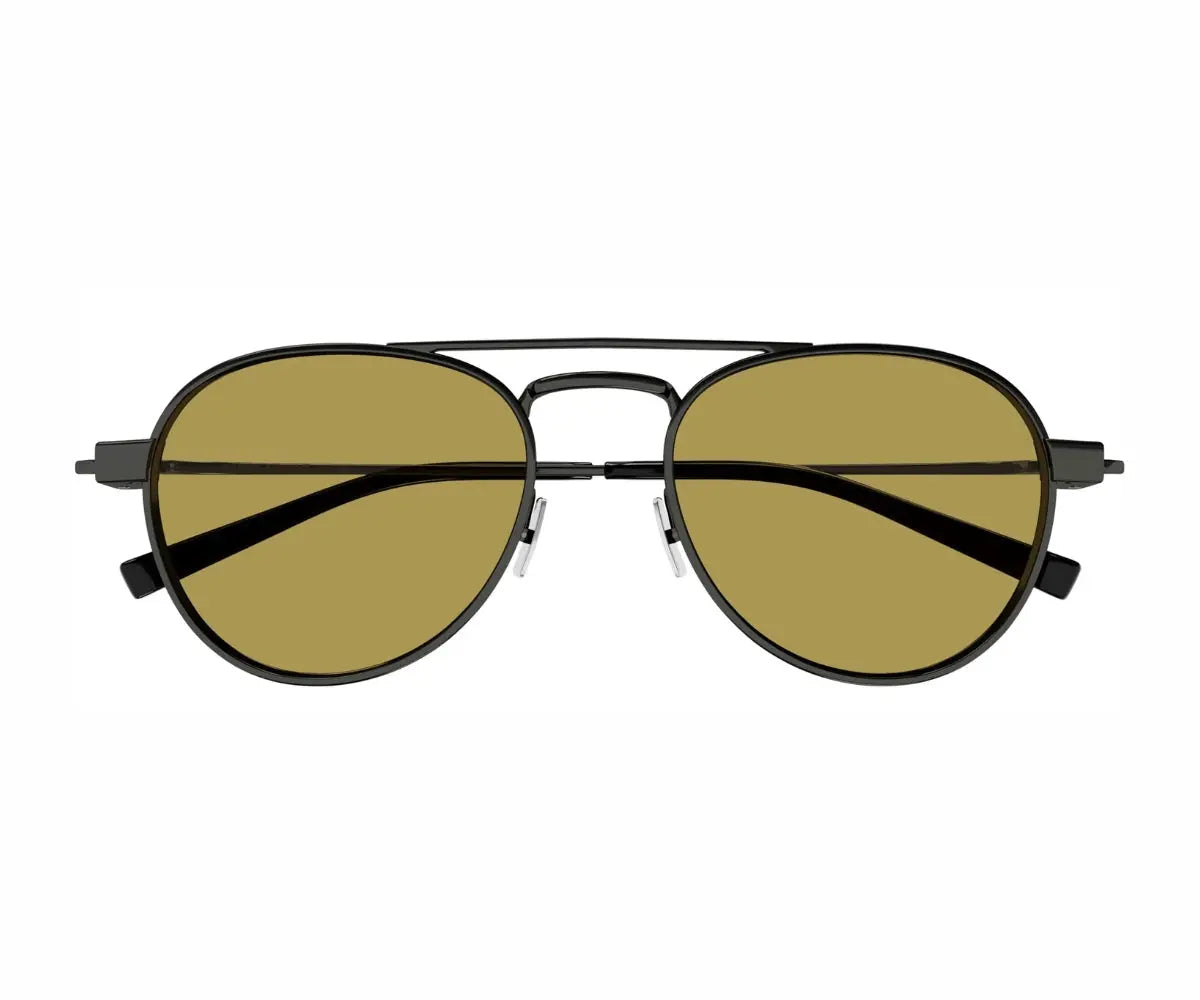 Aviator sunglasses with gold lenses and black frames on a white background