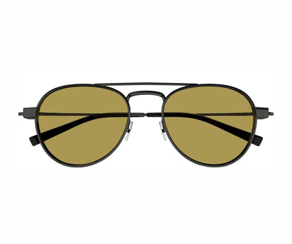 Aviator sunglasses with gold lenses and black frames on a white background