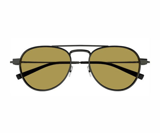 Aviator sunglasses with gold lenses and black frames on a white background