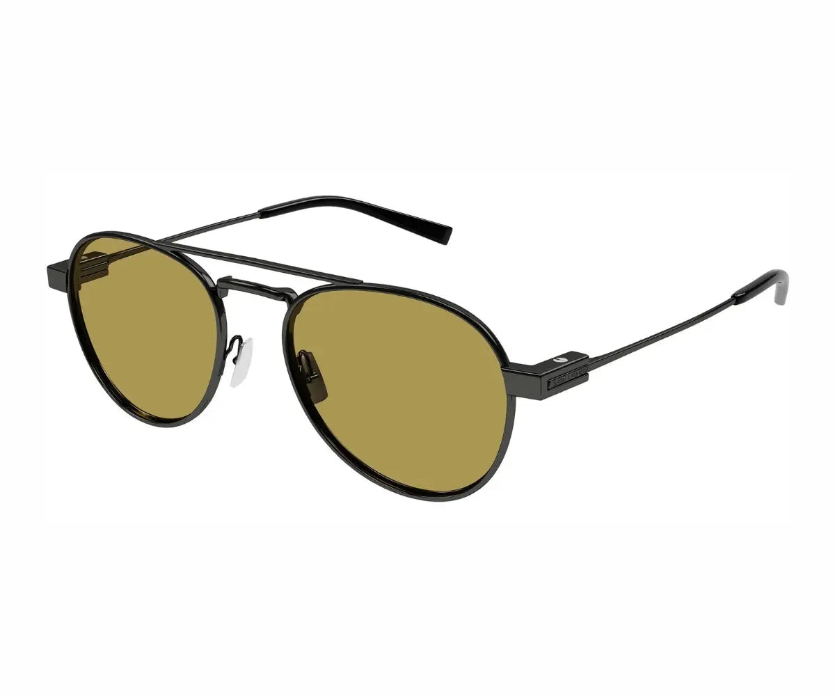 Sunglasses with black frame and gold lenses on a white background