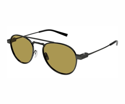 Sunglasses with black frame and gold lenses on a white background