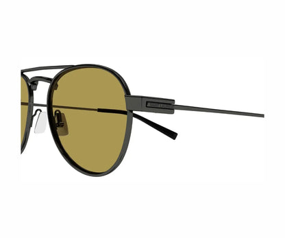 Sunglasses with gold lenses and black frame on a white background