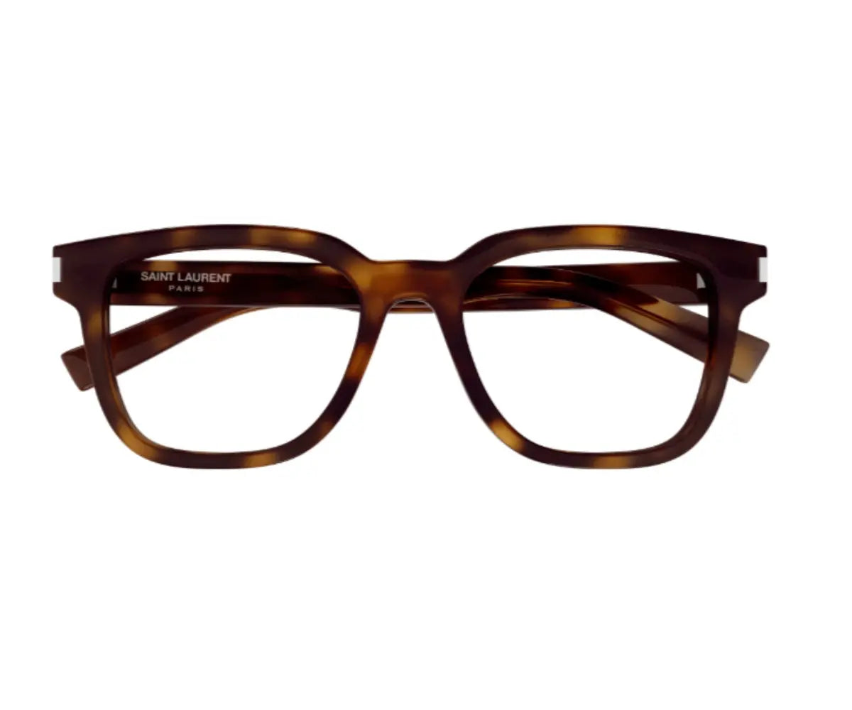 Tortoiseshell eyeglasses with 'Saint Laurent' branding on a white background