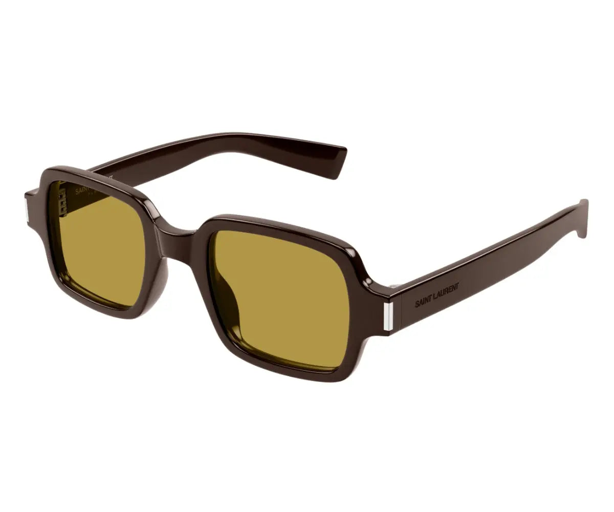 Brown sunglasses with gold lenses on a white background